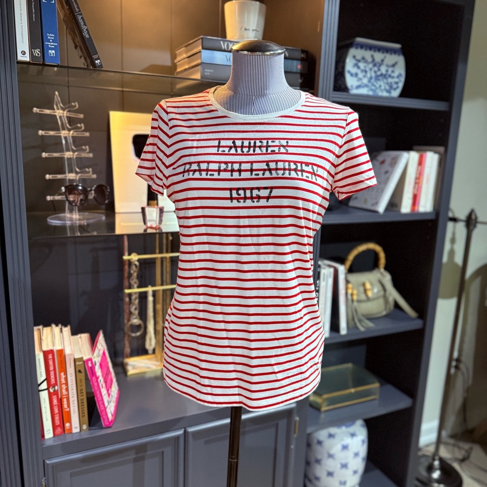 Lauren Ralph Lauren Red & White Striped Logo Tee – Size M